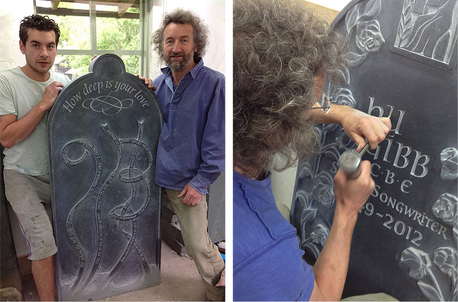 Martin Cook and his son Matthew with the unfinished stone – over 500 hours of hand carving